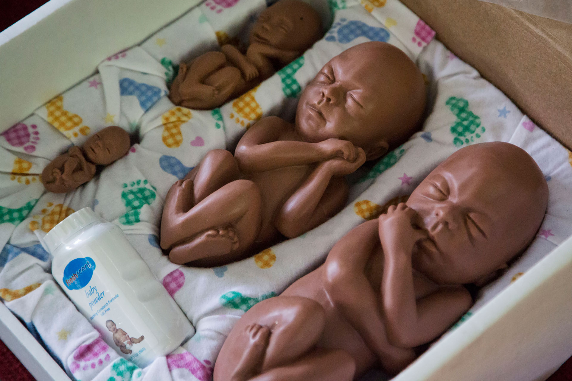 Models of fetuses that are supposed to show different stages of pregnancy are seen during a lecture of Soman Rai, a pastor who founded the non-profit Voice of Fetus Nepal at a small church in the village of Shilaprabat, Sindhupalcholk district, Nepal, July 14, 2017. 